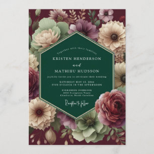 Invitación Boda de florecimiento dramático esmeralda borgoña