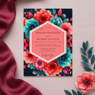 Invitación Boda de florecimiento exuberante de coral teal