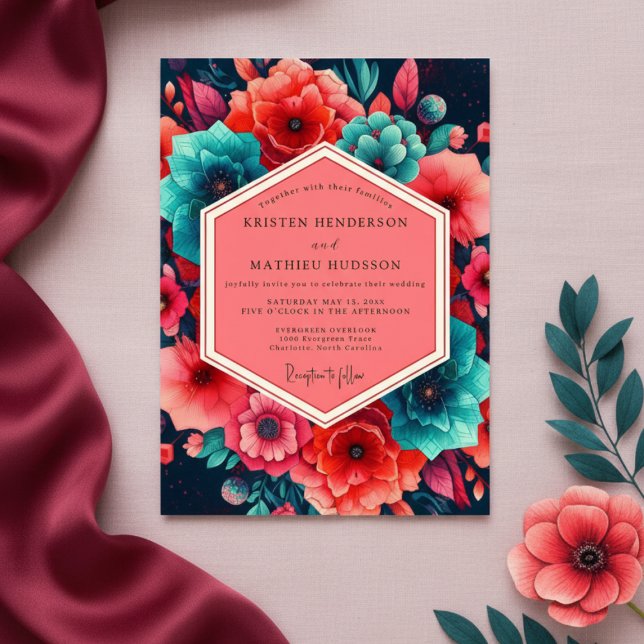 Invitación Boda de florecimiento exuberante de coral teal (Subido por el creador)