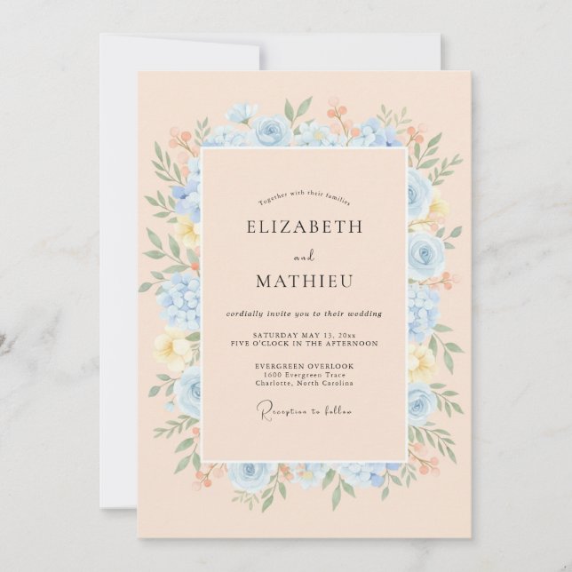 Invitación Boda de florecimiento floral azul claro (Anverso)