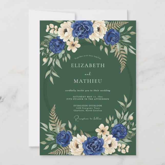 Invitación Boda de florecimiento floral naval verde (Anverso)