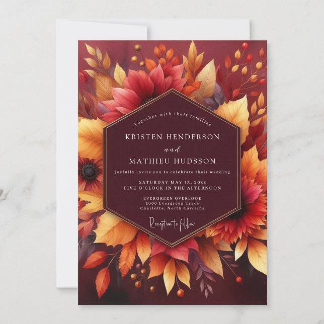 Invitación Boda de florecimiento otoñal de Borgoña (Anverso)