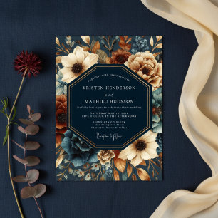Invitación Boda de florecimiento otoñal en azul marino profun