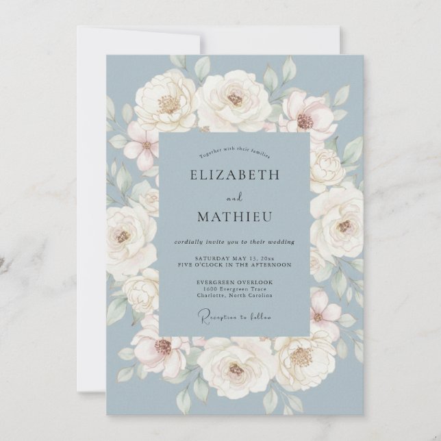 Invitación Boda de florecimientos pictóricos azul polvoriento (Anverso)