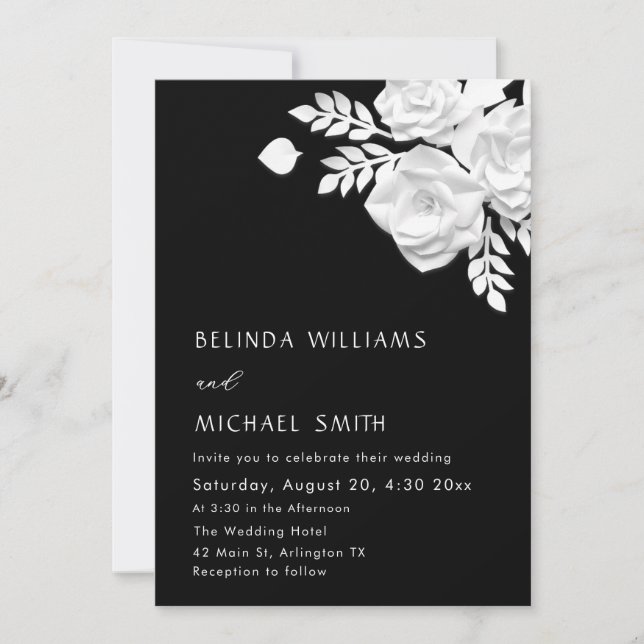 Invitación Boda de flores 3D en blanco y negro (Anverso)