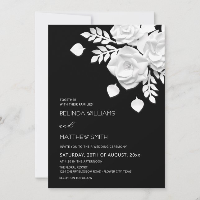 Invitación Boda de flores 3D en blanco y negro (Anverso)