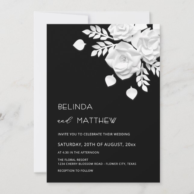 Invitación Boda de flores 3D en blanco y negro  (Anverso)