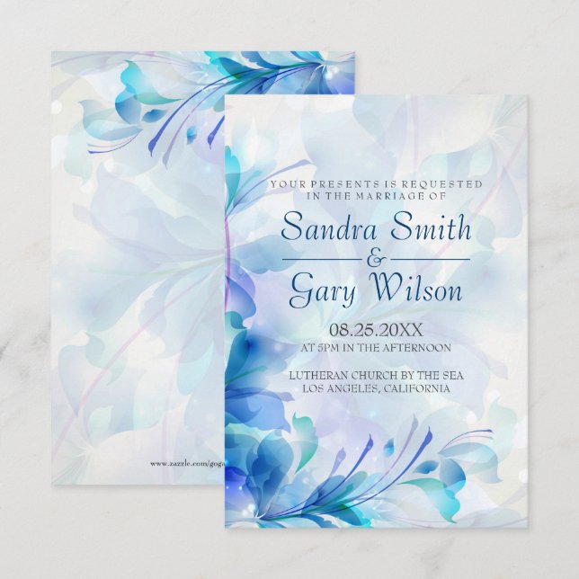 Invitación Boda de flores abstractas azules y púrpuras (Anverso / Reverso)