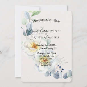 Invitación Boda de flores acuarela azul y blanco