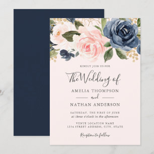 Invitación Boda de flores acuarela melocotón y azul marino