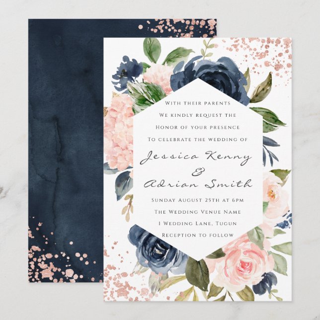 Invitación Boda de flores acuáticas de la Marina y Rubor mode (Anverso / Reverso)