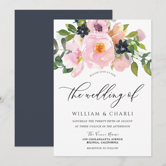 Invitación Boda de Flores acuáticas de Marina y Rubor (Anverso / Reverso)