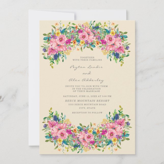 Invitación Boda de flores amarillas, azules y rosadas Boho (Anverso)
