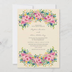 Invitación Boda de flores amarillas, azules y rosadas Boho