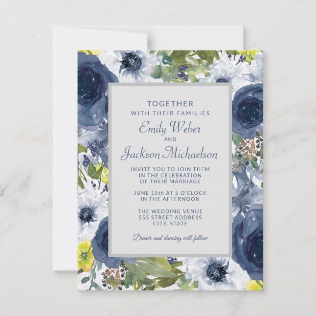 Invitación Boda de flores amarillas blancas y grises de la Ma (Anverso)