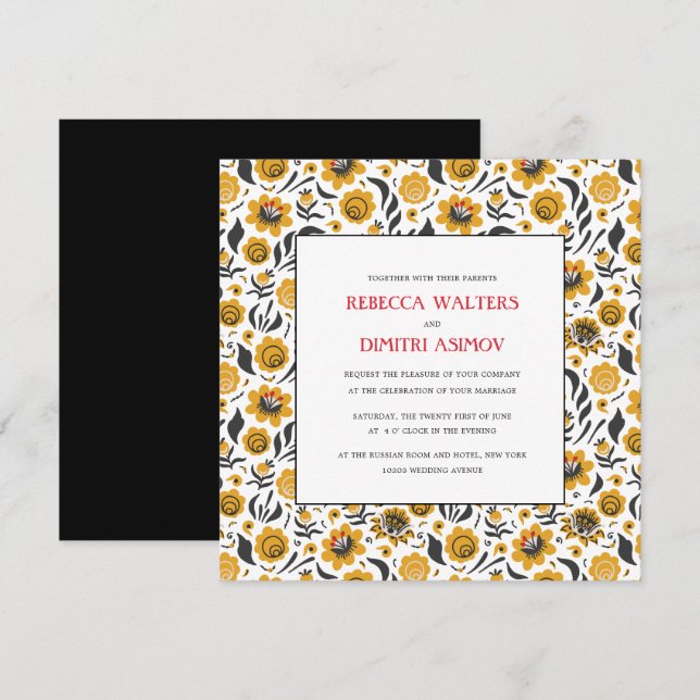Invitación Boda de flores amarillas de arte folclórico ruso (Anverso / Reverso)