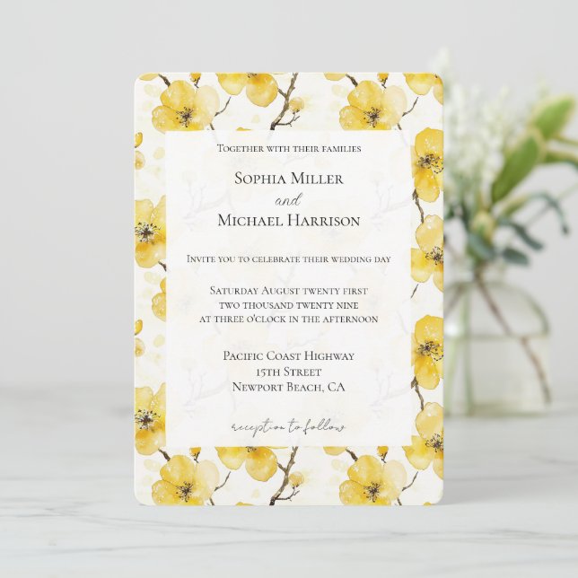Invitación Boda de flores amarillas de oro (Anverso de pie)