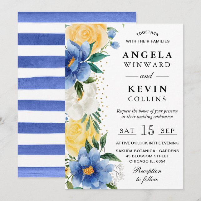 Invitación Boda de flores amarillas y azules acuarela (Anverso / Reverso)
