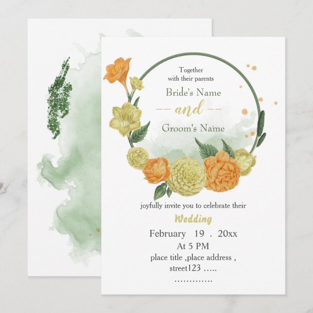 Invitación boda de flores amarillas y naranjas verde (Anverso / Reverso)