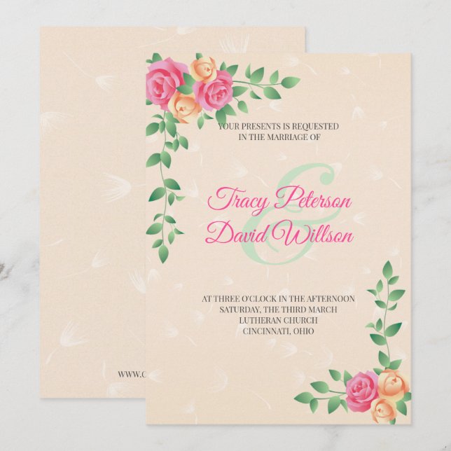 Invitación Boda De Flores Amarillas Y Rosa (Anverso / Reverso)