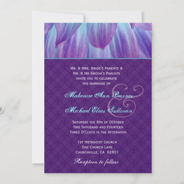 Invitación Boda de flores Aqua y Purple Dahlia S721 (Anverso)