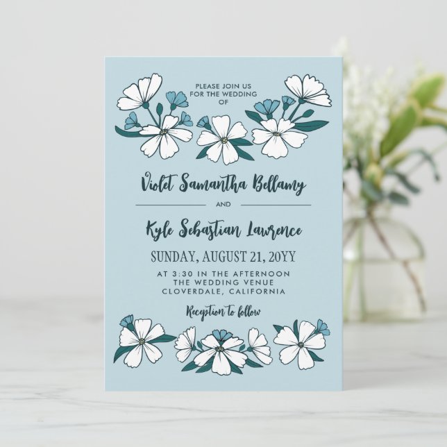 Invitación Boda de Flores Azul Blanco Folksy (Anverso de pie)