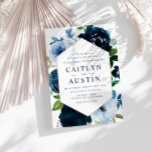Invitación boda de flores azul claro y marina moderno<br><div class="desc">diseño floral con texto azul editable y color de agua marina y flores azul claro.</div>