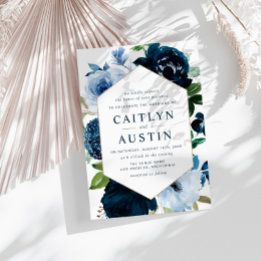 Invitación boda de flores azul claro y marina moderno