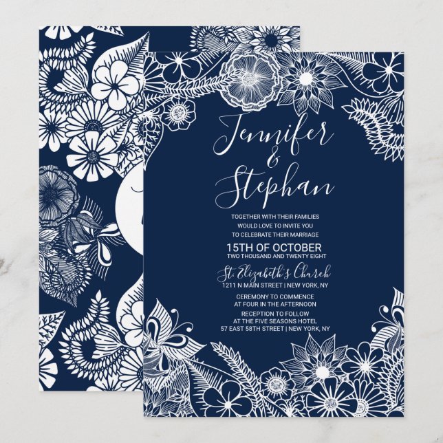Invitación Boda de Flores Azul de la Marina Blanca (Anverso / Reverso)