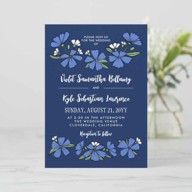 Invitación Boda de Flores Azul Folksy (Anverso de pie)