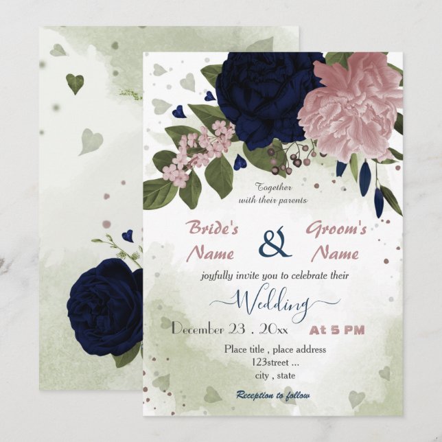Invitación boda de flores azul marino rosa (Anverso / Reverso)