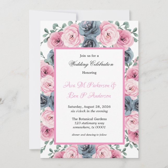 Invitación Boda de flores azul rosadas y turbias (Anverso)