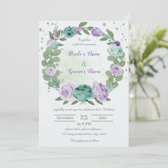 Invitación boda de flores azul violeta verde (Anverso de pie)