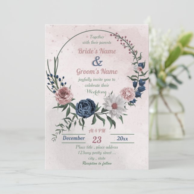 Invitación boda de flores azul y blanco rosa (Anverso de pie)