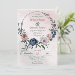 Invitación boda de flores azul y blanco rosa