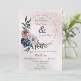 Invitación boda de flores azul y blanco rosa