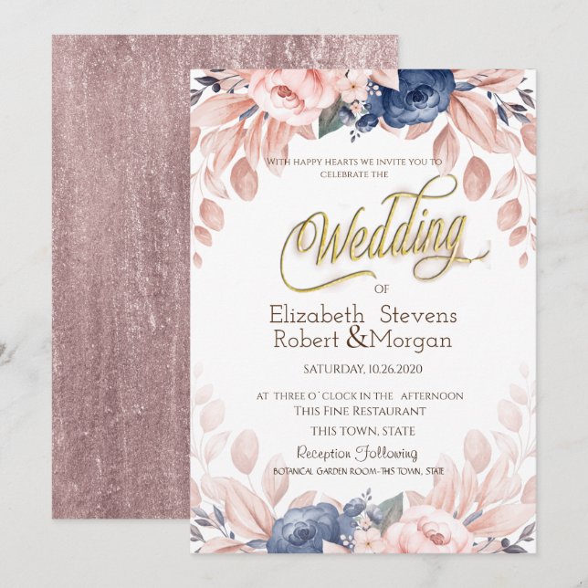 Invitación Boda de flores azules acuarela (Anverso / Reverso)