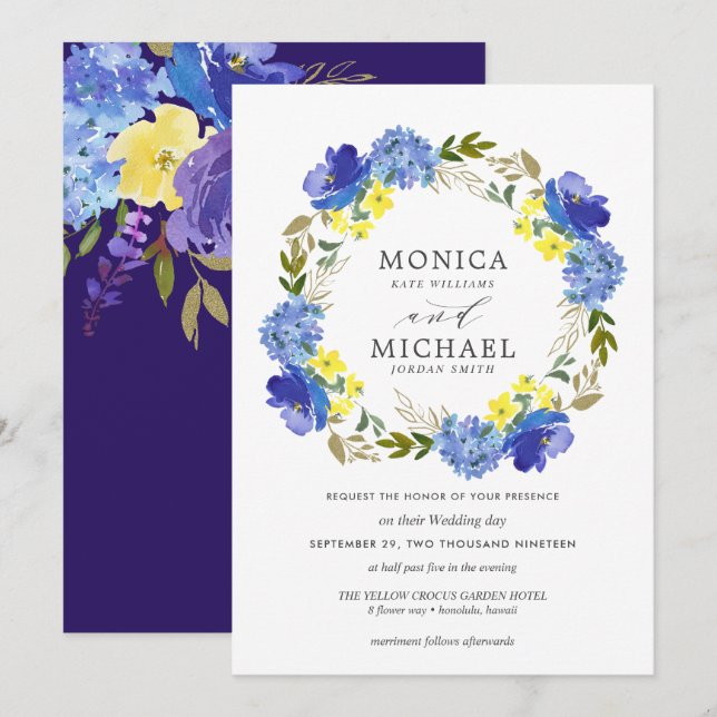 Invitación Boda de flores azules amarillas brillantes (Anverso / Reverso)