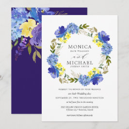 Invitación Boda de flores azules amarillas brillantes