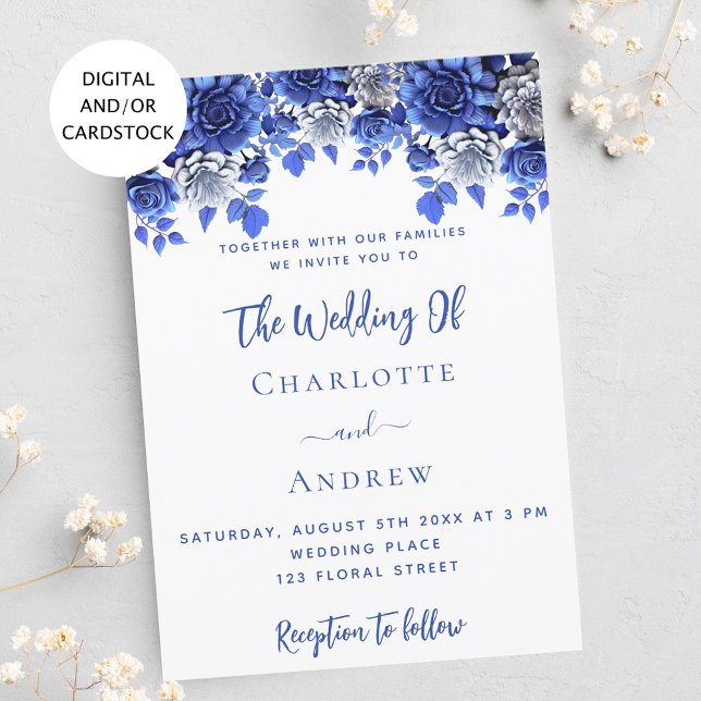 Invitación Boda de flores azules blancas reales (Subido por el creador)