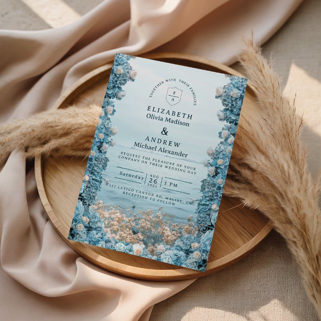 Invitación Boda de flores azules costeras pastel (Subido por el creador)