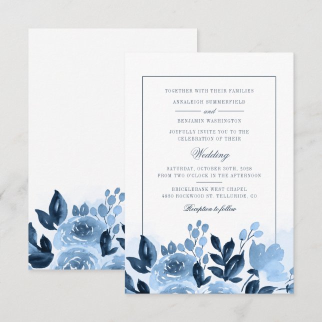 Invitación Boda de flores azules de acuarela moderna (Anverso / Reverso)