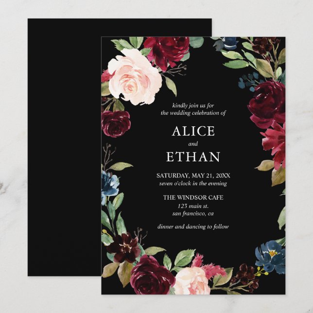 Invitación Boda De Flores Azules De Borgoña Y Marina (Anverso / Reverso)