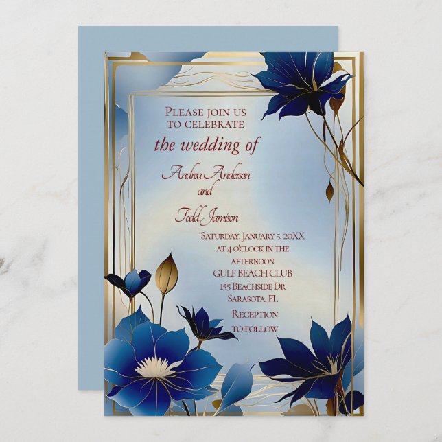 Invitación Boda de flores azules de Deco (Anverso / Reverso)