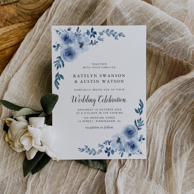 Invitación Boda de flores azules de guion elegante (Subido por el creador)