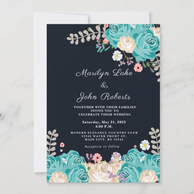 Invitación Boda de Flores Azules de la Marina Floral (Anverso)