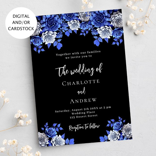 Invitación Boda de flores azules de la realeza negra (Subido por el creador)