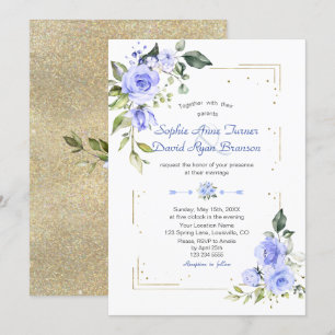 Invitación Boda de flores azules de marco Purpurina de oro de