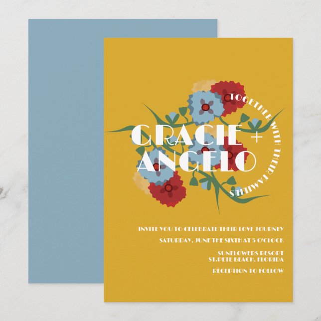 Invitación Boda de flores azules de mostaza mexicana  (Anverso / Reverso)