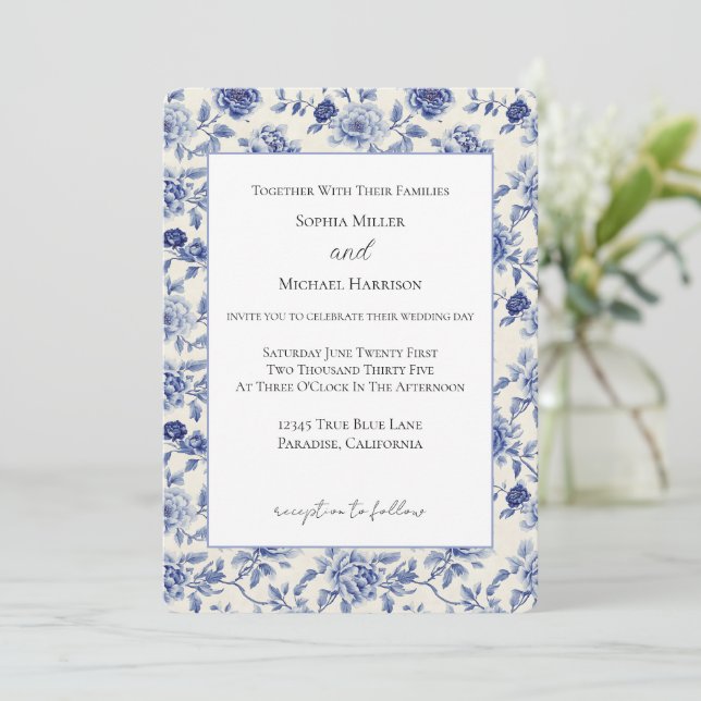 Invitación Boda de Flores Azules Hermosas (Anverso de pie)